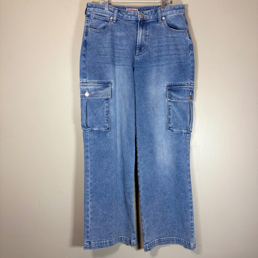 Juicy Couture Wide Leg Cargo Jeans 13/31 Medium Wash Pink Logo Embroidered Y2K